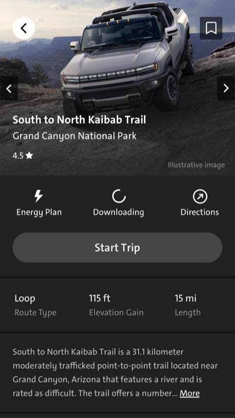 Hummer EV app — trail detail and trip start
